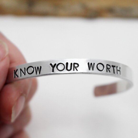 Know Your Worth - Hand Stamped Anodized Aluminum Bangle - Adjustable - Picture 4 of 11